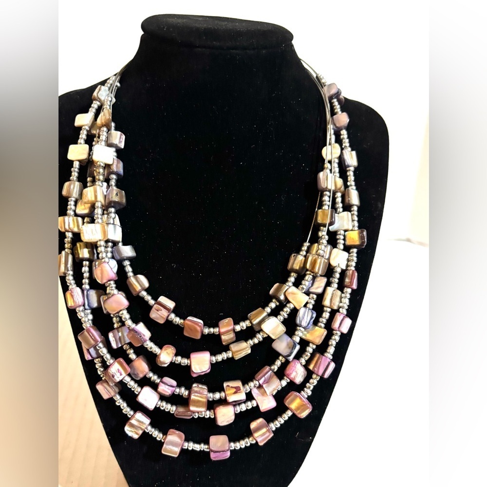 Layered peal shells Iridescent Tile Necklace in Pink and Gold Tones